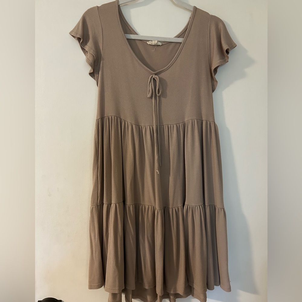 See You Monday Taupe Tiered Midi Dress